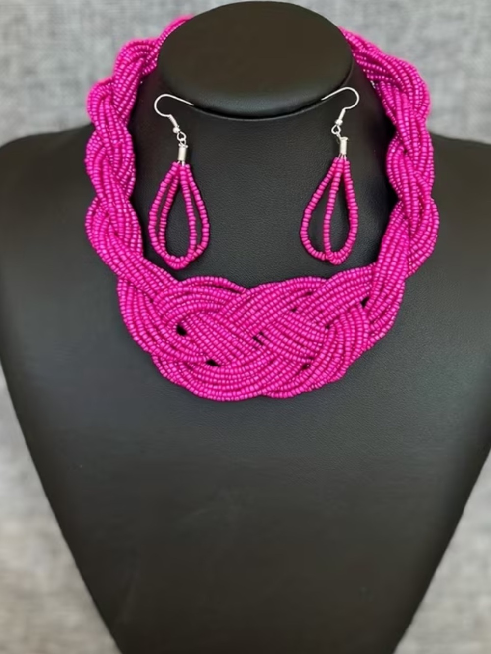 Hot Pink Beaded Statement Necklace & Earrings Set matching summer set NEW